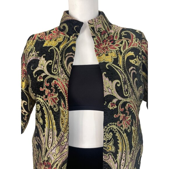 Floral Embroidered Open Jacket Womens Multicolor Brocade 3/4 Sleeve - Picture 6 of 7